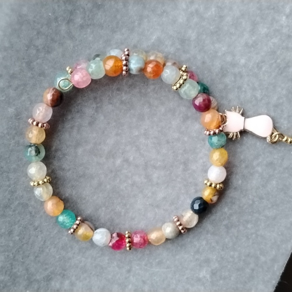 Hand Crafted Multicolor Agate Beaded Memory Wire Bracelet With Cat Charm Accent